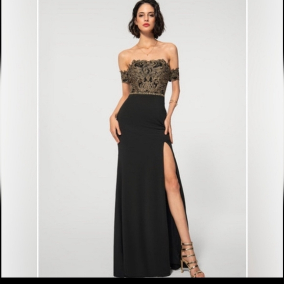 JJs House Dresses & Skirts - Elegant Black and Gold Off-Shoulder Dress